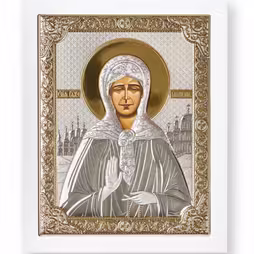 St. Matrona Rectangular Icon. Painted face. White base. Silver 999. Gold.