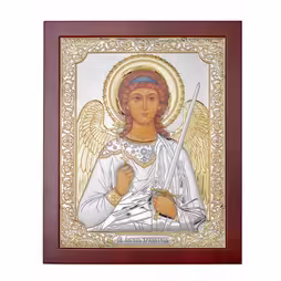 St. Angel Rectangular Icon. Painted face. Brown base. Silver 999. Gold.