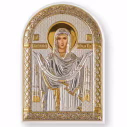 Virgin Mary Pokrova Arch Icon. Painted face. White base. Silver 999. Gold.