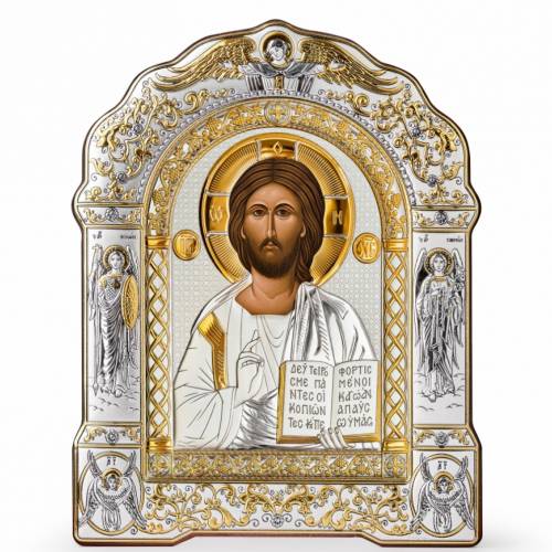 Chrystus Ikona łukowa z Ramką pod Szkłem. Malowana twarz. Srebro 999. Złoto.