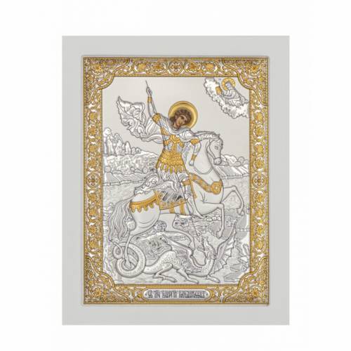 San Giorgio Icona rettangolare. Quadrante dipinto. Base bianca. Argento 999. Oro.