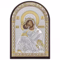 Vergine Maria Vladimir Icona ad arco. Faccia dipinta. Base marrone. Argento 999. Oro.