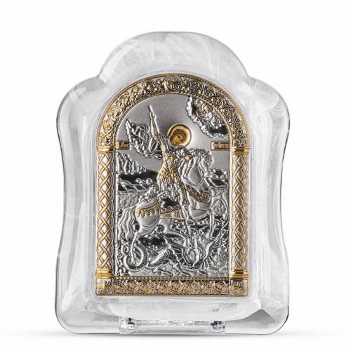 St. George Arch Icon Murano glass. Painted face. Silver 999. Gold.