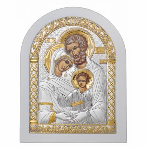 Sacra Famiglia Icona ad arco. Faccia dipinta. Base bianca. Argento 999. Oro.