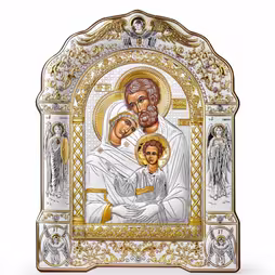 Sacra Famiglia Icona ad arco con cornice sotto vetro. Volto dipinto. Argento 999. Oro.