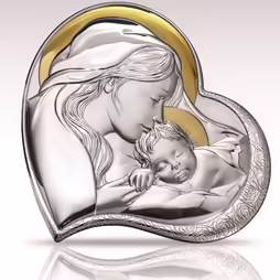 Icona Sacra Madonna con Bambino Cuore Argento Bilaminato Decorato Oro - 24x24 cm