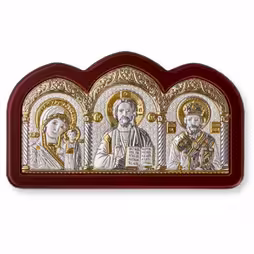 Triptych Arch Icon. Painted face. Brown base. Silver 999. Gold.