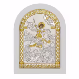 San Giorgio Icona ad arco. Faccia dipinta. Base bianca. Argento 999. Oro.