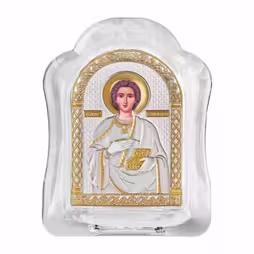 Panteleimon Icona ad arco in vetro di Murano. Quadrante dipinto. Argento 999. Oro.
