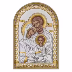 Sacra Famiglia Icona ad arco. Faccia dipinta. Base bianca. Argento 999. Oro.