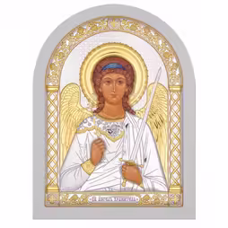 Sant'Angelo Icona ad arco. Faccia dipinta. Base bianca. Argento 999. Oro.
