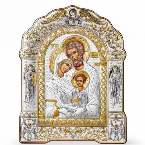 Sacra Famiglia Icona ad arco con cornice. Volto dipinto. Argento 999. Oro.