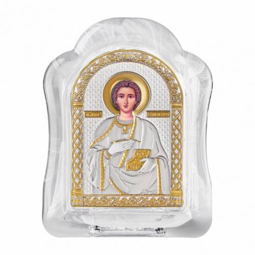 Panteleimon Icona ad arco in vetro di Murano. Quadrante dipinto. Argento 999. Oro.
