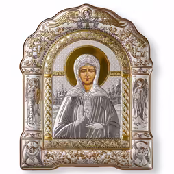 Santa Matrona Icona ad arco con cornice. Volto dipinto. Argento 999. Oro.