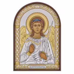 Sant'Angelo Icona ad arco. Faccia dipinta. Base marrone. Argento 999. Oro.
