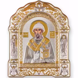 St. Spyridon Arch Icon with a frame. Painted face. Silver 999. Gold.