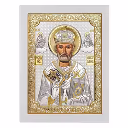St. Nikolas Rectangular Icon. Painted face. White base. Silver 999. Gold.