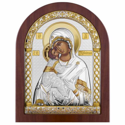 Virgin Mary Vladimir Arch Icon. Painted face. Brown base. Silver 999. Gold.