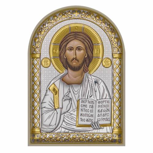 Cristo Icona ad arco. Faccia dipinta. Base bianca. Argento 999. Oro.