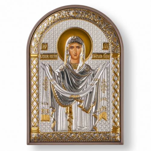 Virgin Mary Pokrova Icona ad arco. Faccia dipinta. Base marrone. Argento 999. Oro.