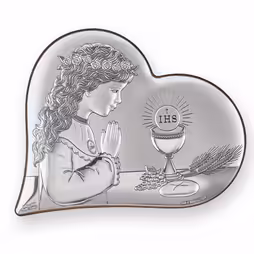 Ragazza della prima comunione Icona cattolica a forma di cuore. Volto dipinto. Argento 999.