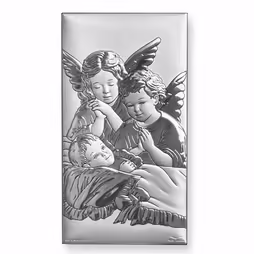 Guardian Angel Rectangular Catholic icon. Painted face. Brown base. Silver 999.