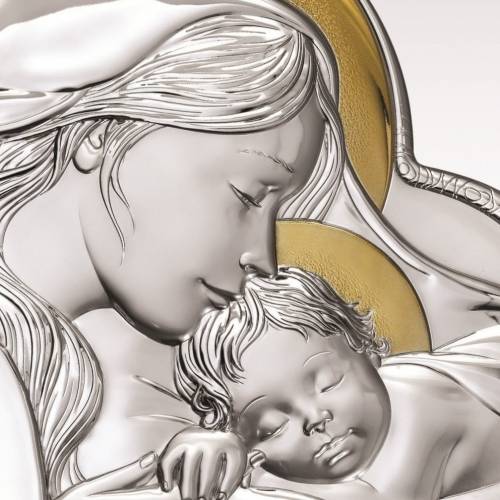 Icona Sacra Madonna con Bambino Cuore Argento Bilaminato Decorato Oro - 24x24 cm