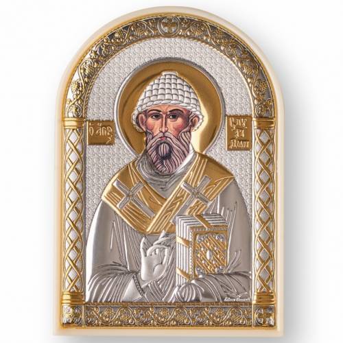 St. Spyridon Arch Icon. Painted face. White base. Silver 999. Gold.