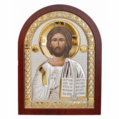 Cristo Icona ad arco. Faccia dipinta. Base marrone. Argento 999. Oro.