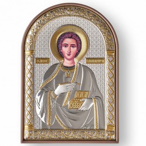 Panteleimon Icona ad arco. Faccia dipinta. Base marrone. Argento 999. Oro.