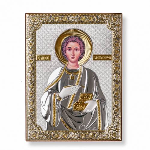 Panteleimon Rectangular Icon. Painted face. No frame. Silver 999. Gold.
