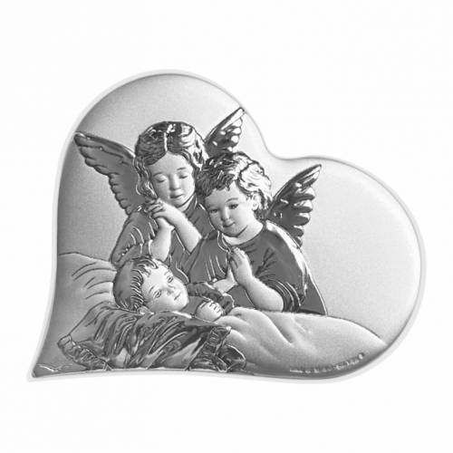 Guardian Angel Catholic heart-shaped icon. Painted face. Silver 999.