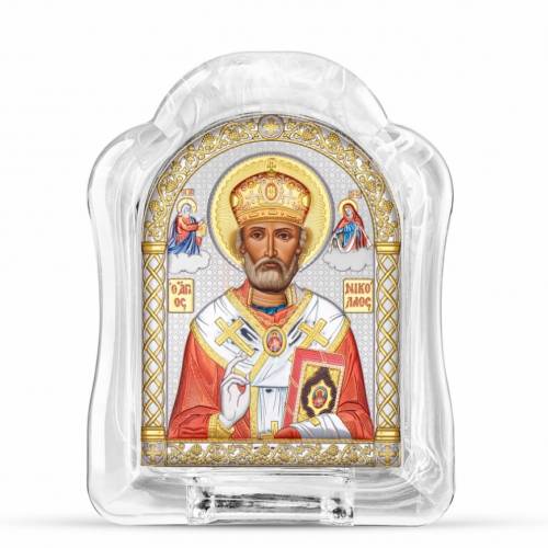 San Nicola Icona ad arco in vetro di Murano. Quadrante dipinto. Argento 999. Oro. Colorato.