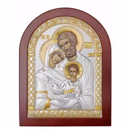 Sacra Famiglia Icona ad arco. Faccia dipinta. Base marrone. Argento 999. Oro.