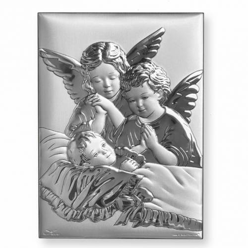 Angelo custode Icona cattolica rettangolare. Volto dipinto. Base marrone. Argento 999. Oro