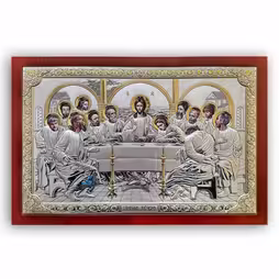 The last Supper Rectangular icon. Painted face. Brown base. Silver 999. Gold.