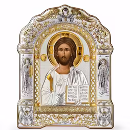 Chrystus Ikona łukowa z Ramką pod Szkłem. Malowana twarz. Srebro 999. Złoto.