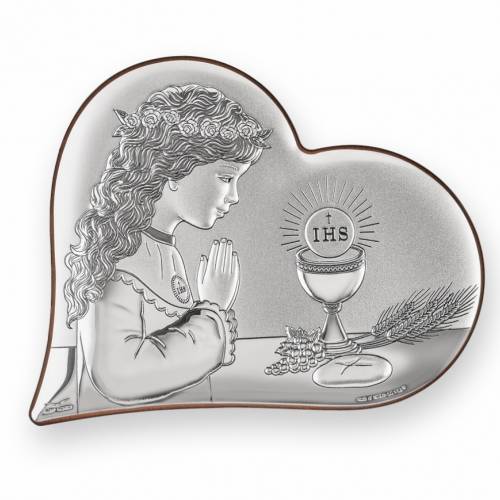 Ragazza della prima comunione Icona cattolica a forma di cuore. Volto dipinto. Argento 999.