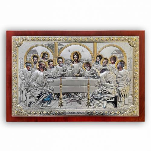 The last Supper Rectangular icon. Painted face. Brown base. Silver 999. Gold.