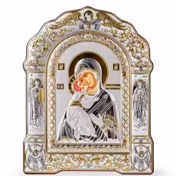 Vergine Maria Vladimir Icona ad arco con cornice sotto vetro. Volto dipinto. Argento 999. Oro.