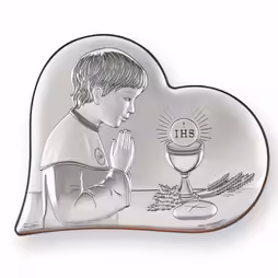 Ragazzo della prima comunione Icona cattolica a forma di cuore. Volto dipinto. Argento 999