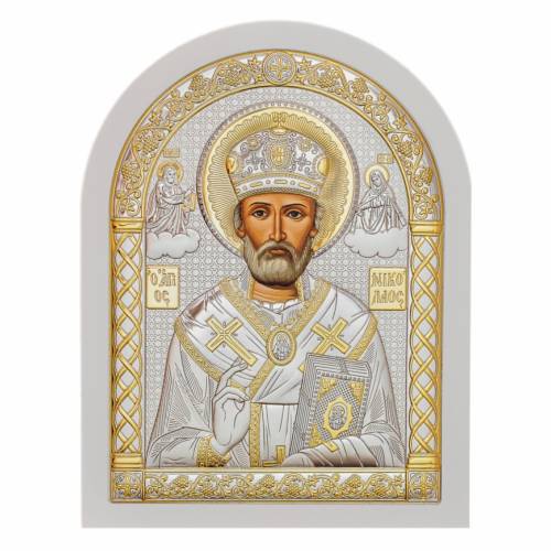 St. Nikolas Arch Icon. Painted face. White base. Silver 999. Gold.