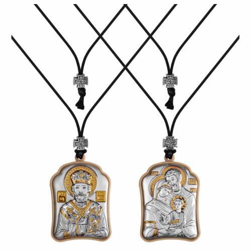 St. Nikolas - Holy Family Pendant Icon. Silver 999. Gold.