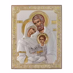 Sacra Famiglia Icona rettangolare. Volto dipinto. Senza cornice. Argento 999. Oro.
