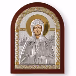 Santa Matrona Icona ad arco. Faccia dipinta. Base marrone. Argento 999. Oro.