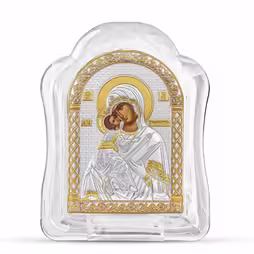 Virgin Mary Vladimir Arch Icon Murano glass. Painted face. Silver 999. Gold.