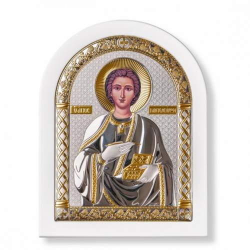 Panteleimon Arch Icon. Painted face. White base. Silver 999. Gold.