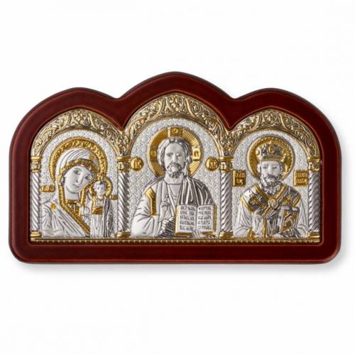 Triptych Arch Icon. Painted face. Brown base. Silver 999. Gold.