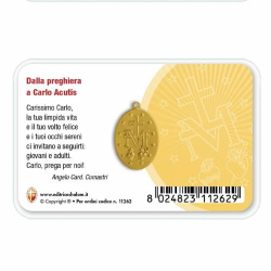 Card plastificata Carlo Acutis con medaglia Miracolosa e preghiera